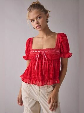 UO Kimchi Blue Serenade Ruffle Puff Sleeve Babydoll Blouse